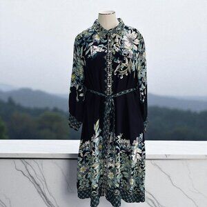 Avenue Plus Size 26 28 Black Floral Shirt Dress Boho Midi Long Sleeve Belted NWT